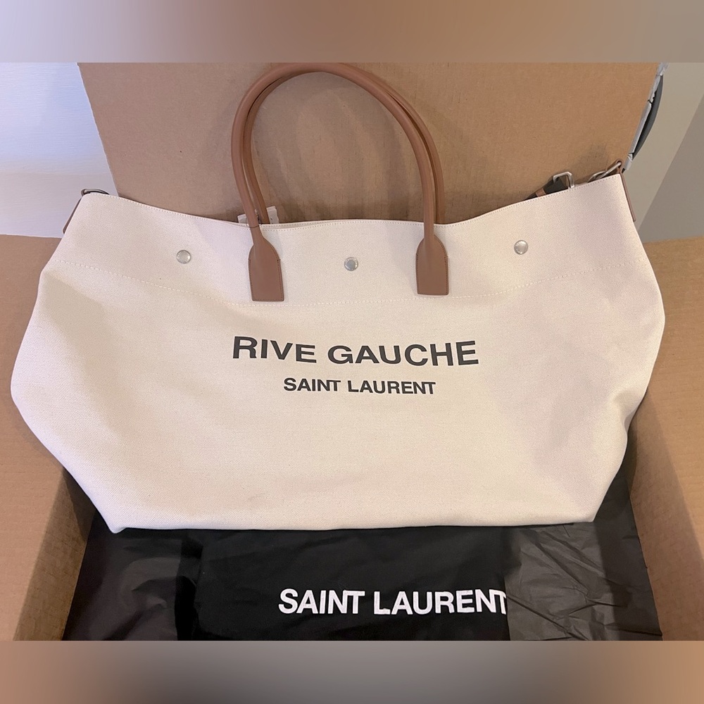 NIB Saint Laurent Rive Gauche maxi tote bag YSL Travel Weekender Cream Tan Black